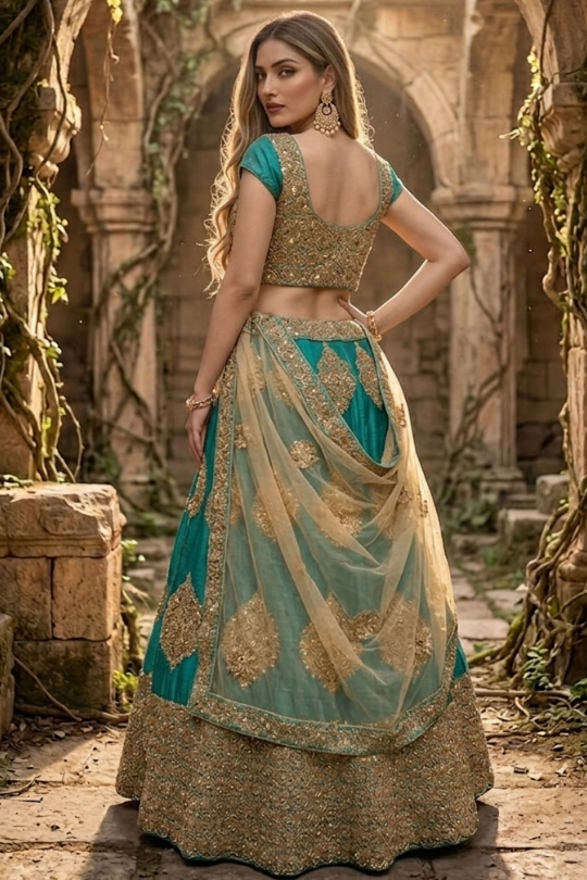 Rama green lehenga blouse back design with gold embroidery detailing