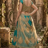 Rama green lehenga blouse back design with gold embroidery detailing
