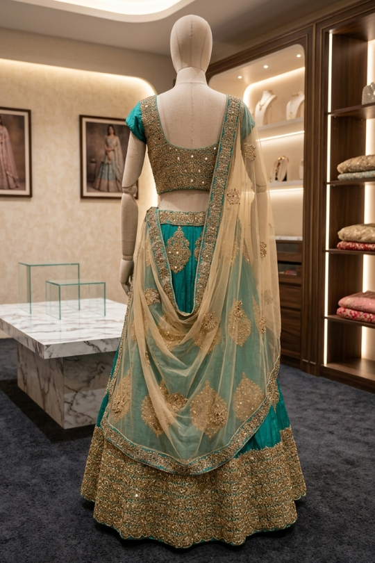 Rama green gold lehenga back view on display showing blouse design