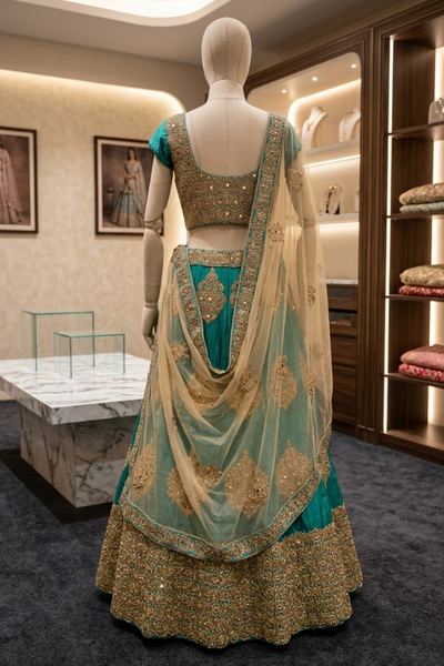 Rama green gold lehenga back view on display showing blouse design