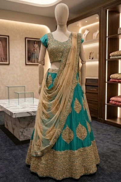 Rama green and gold embroidered lehenga, front view on display