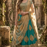 Bride in rama green and gold embroidered lehenga with net dupatta, front view