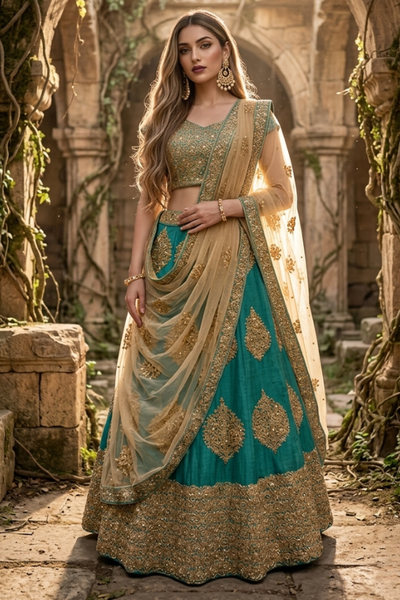 Bride in rama green and gold embroidered lehenga with net dupatta, front view