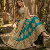 Bride seated in rama green and gold lehenga with skirt spread out