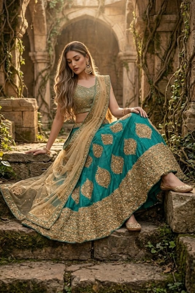 Bride seated in rama green and gold lehenga with skirt spread out