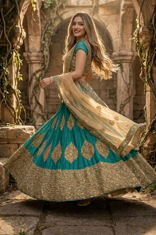 Rama green and gold lehenga side view showing embroidered skirt