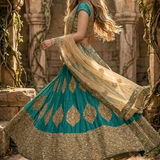 Rama green and gold lehenga side view showing embroidered skirt