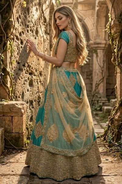 Bride in rama green and gold embroidered lehenga with net dupatta, standing against a stone wall