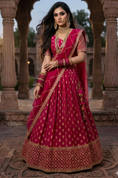 Bride in rani pink festive lehenga with golden zari embroidery, front view
