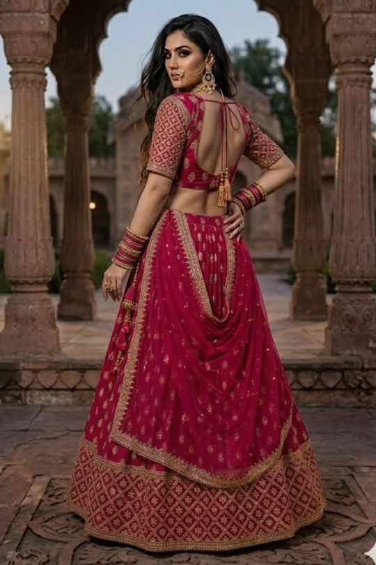 Bride wearing Rani Elegance Festive Lehenga Set Back View