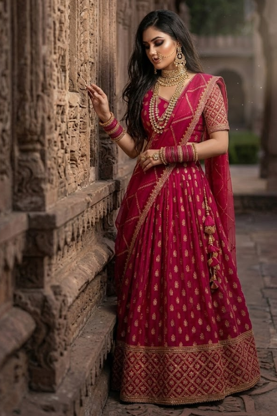 Bride wearing Rani Elegance Festive Lehenga Set standing against an old ornate wall