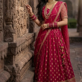 Bride wearing Rani Elegance Festive Lehenga Set standing against an old ornate wall