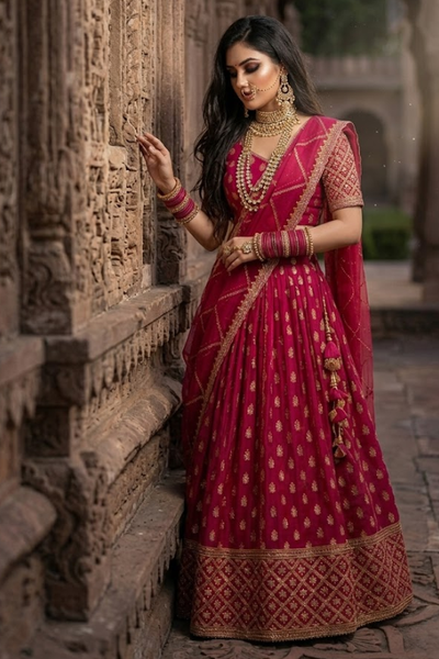 Bride wearing Rani Elegance Festive Lehenga Set standing against an old ornate wall