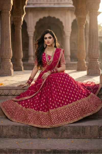 Bride seated wearing Rani Elegance Festive Lehenga Set
