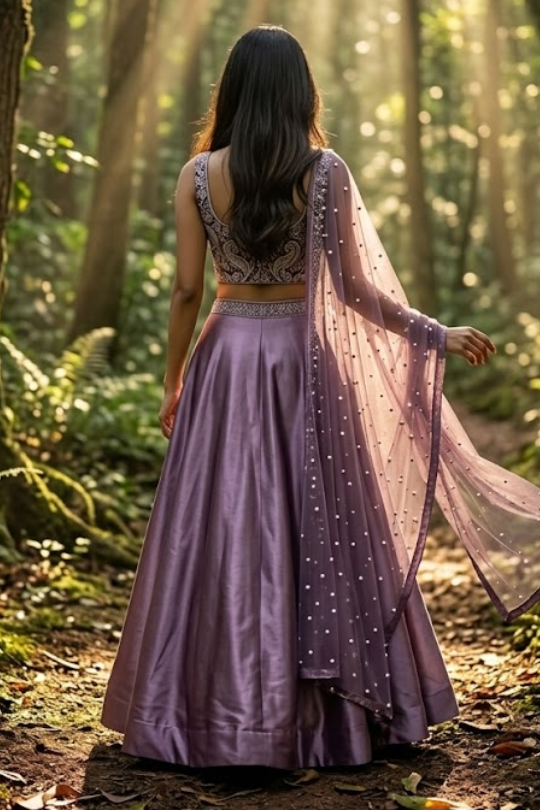 Amethyst lehenga back view showing net dupatta with embellishments