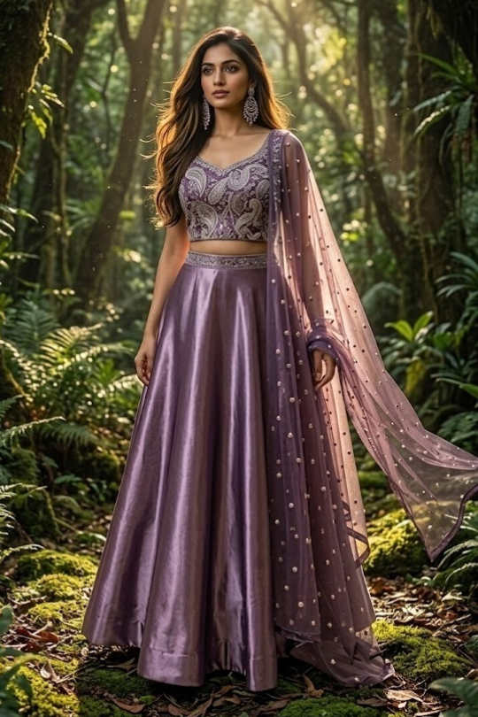 Amethyst purple lehenga with sequin embroidered blouse, front pose