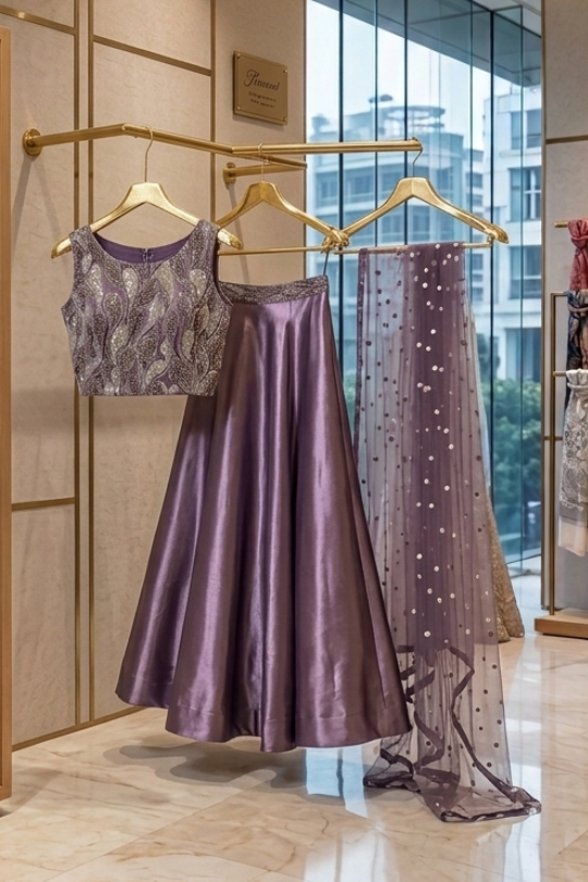 Amethyst lehenga front view on display showing satin skirt and dupatta
