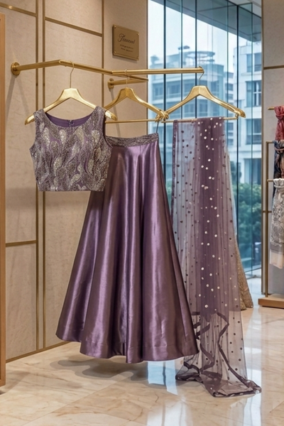 Amethyst lehenga front view on display showing satin skirt and dupatta