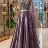 Royal amethyst embroidered lehenga, front view on display