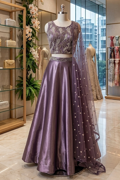 Royal amethyst embroidered lehenga, front view on display