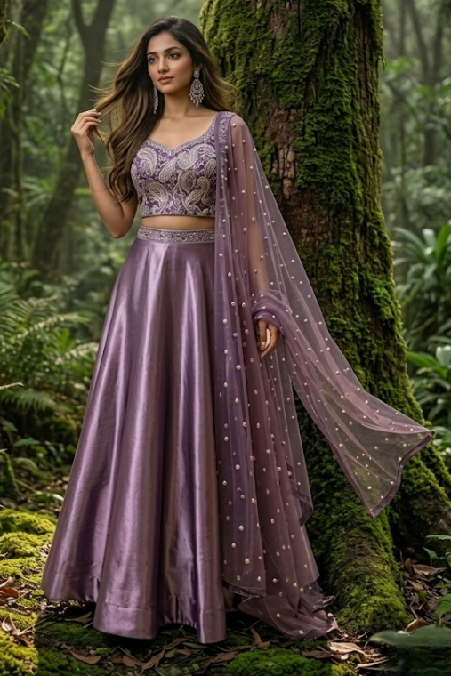 Woman in royal amethyst embroidered lehenga, forest backdrop