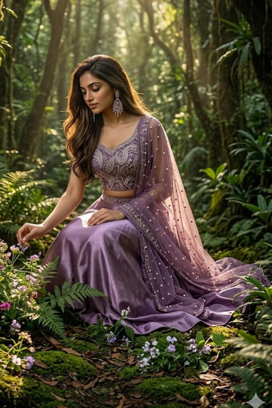 Woman seated in amethyst embroidered lehenga in a forest setting