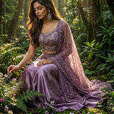 Woman seated in amethyst embroidered lehenga in a forest setting