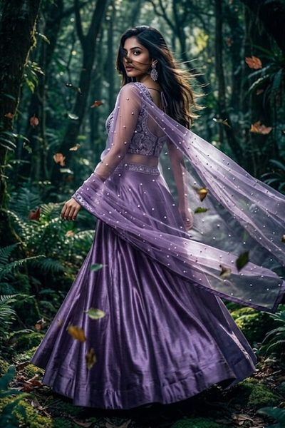 Royal amethyst lehenga side view with flowing net dupatta
