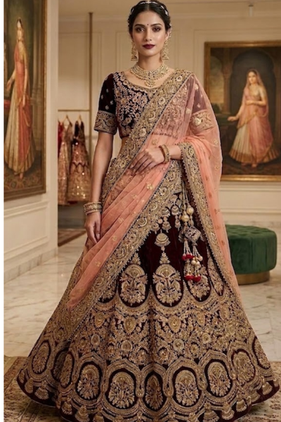 Bride in maroon and peach bridal lehenga with gold embroidery, front view
