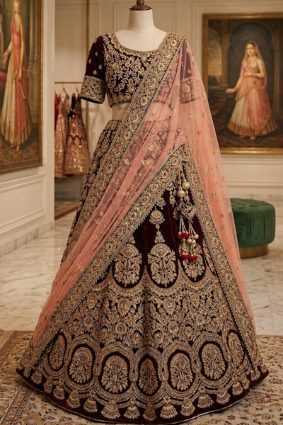 Maroon and peach bridal lehenga on mannequin showing gold embroidered lehenga choli and dupatta