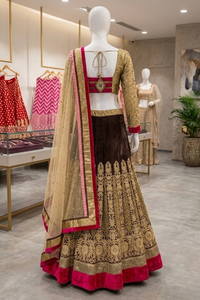 Mocha brown lehenga with gold embroidery and pink border, back view on display