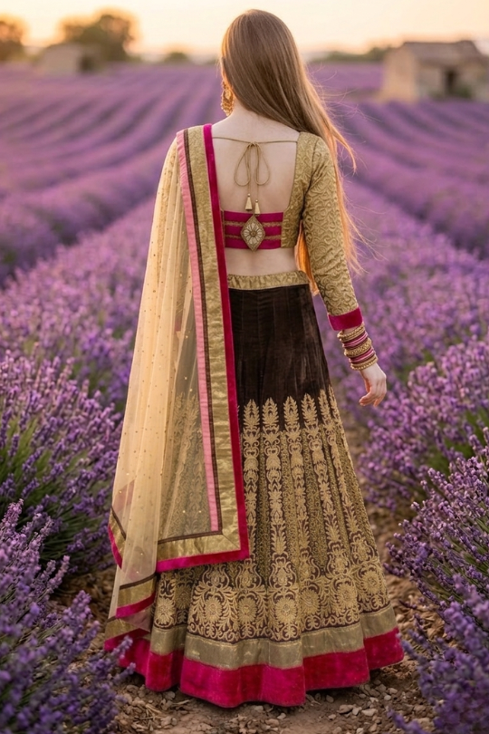 Mocha lehenga back view showing gold embroidered blouse and dupatta