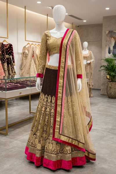 Mocha brown lehenga with gold embroidery and pink border, front view on display