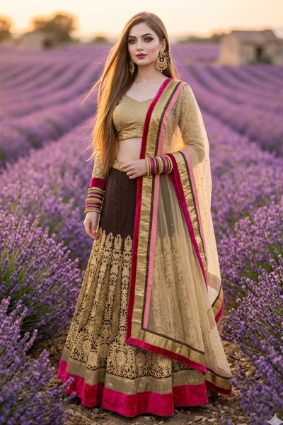 Woman in mocha and gold embroidered lehenga, standing in a lavender field