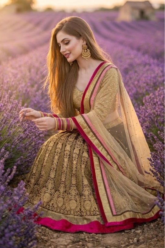 Mocha and gold embroidered lehenga with pink accents, lavender field portrait