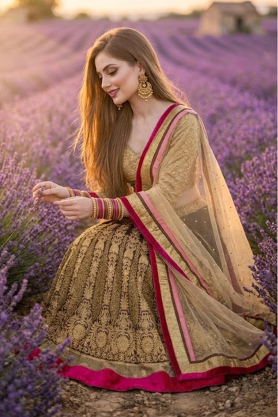 Mocha and gold embroidered lehenga with pink accents, lavender field portrait