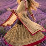 Woman twirling in mocha and gold lehenga with pink velvet border