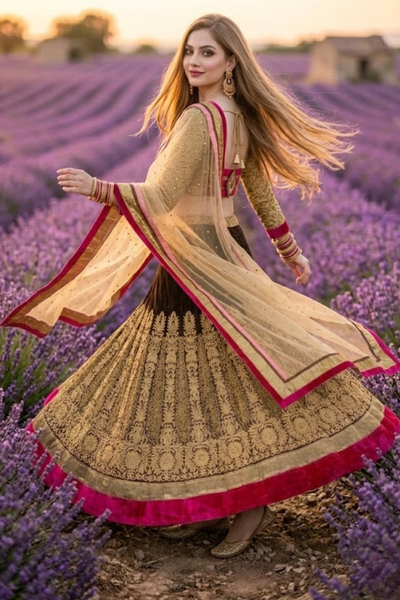 Woman twirling in mocha and gold lehenga with pink velvet border
