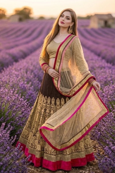 Woman in mocha lehenga standing amid a wide lavender field