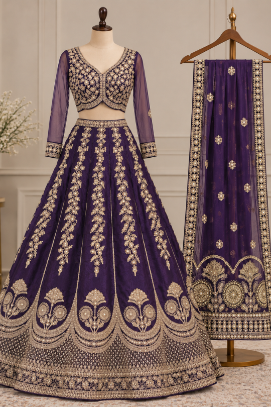 Royal purple zari embroidered bridal lehenga, front view on display