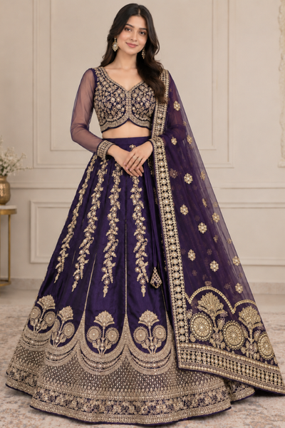 Bride in royal purple zari embroidered bridal lehenga with sheer dupatta, front view