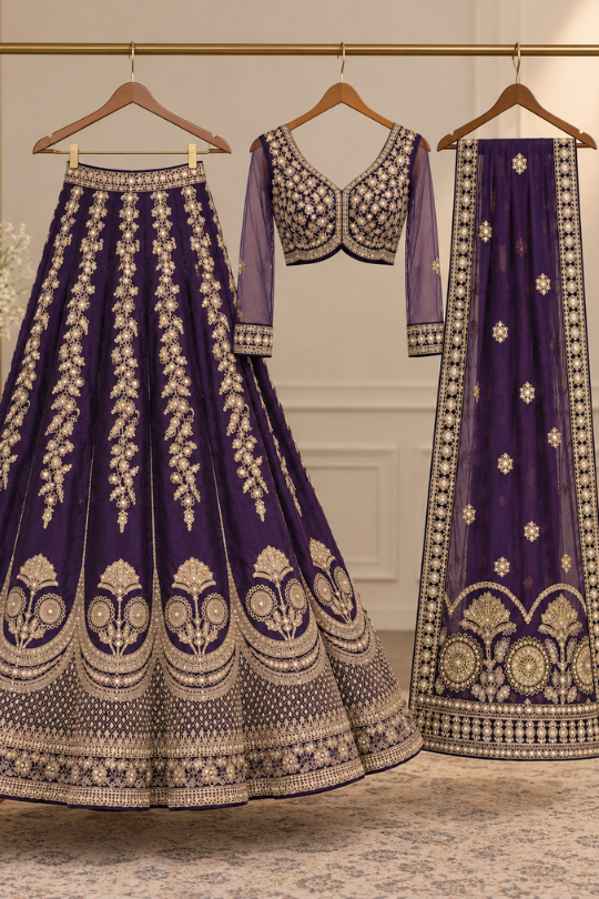 Royal purple bridal lehenga full view on display showing dupatta and border