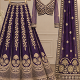 Royal purple bridal lehenga full view on display showing dupatta and border
