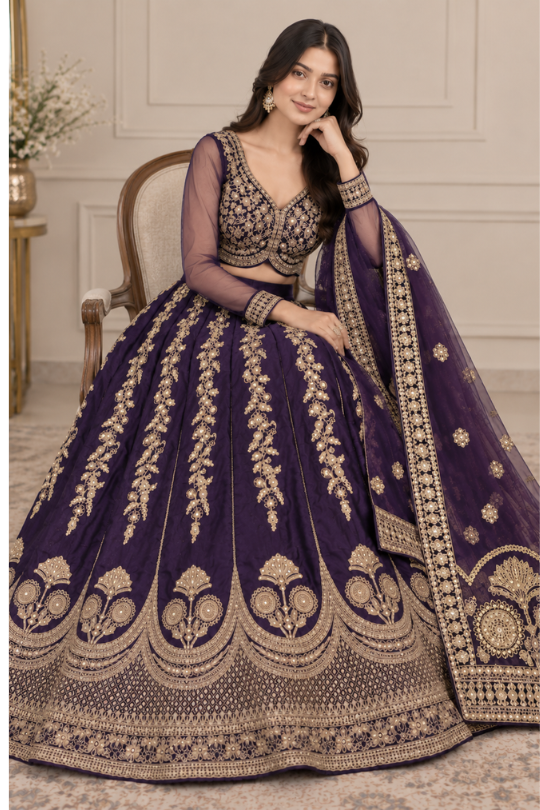 Bride seated in royal purple bridal lehenga showing golden embroidered skirt