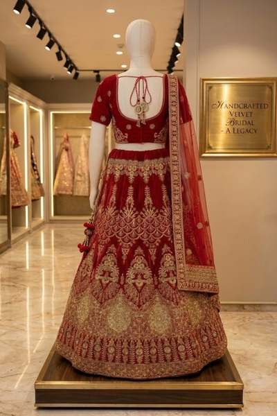 Red velvet bridal lehenga back view on display showing blouse and dupatta