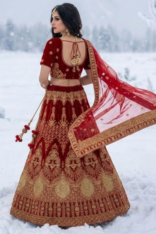 Red velvet bridal lehenga back view showing blouse and dupatta detailing