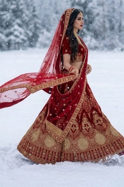 Bride in red bridal lehenga with dupatta flowing in the snow