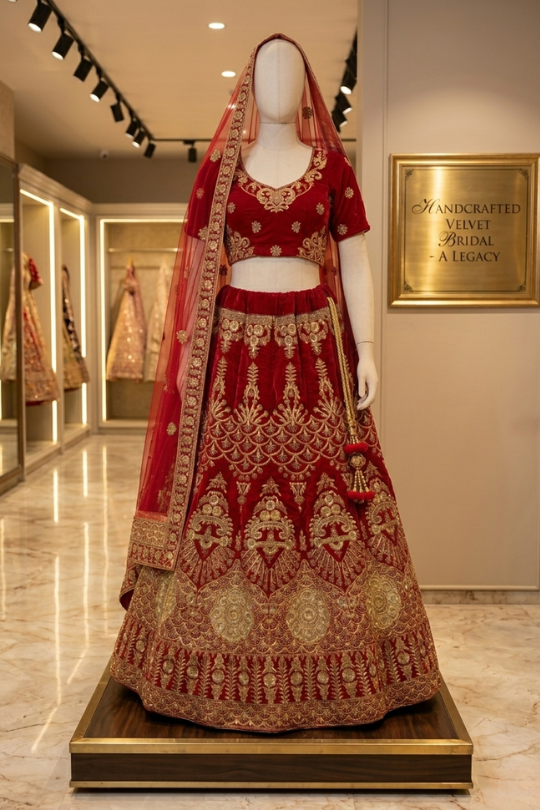 Red velvet bridal lehenga with gold embroidery, front view on display