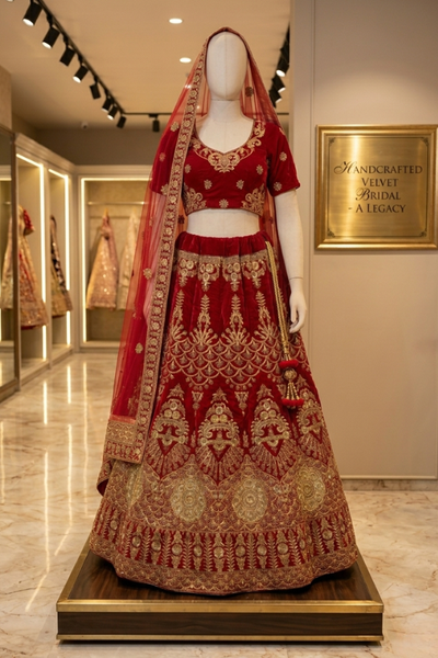 Red velvet bridal lehenga with gold embroidery, front view on display