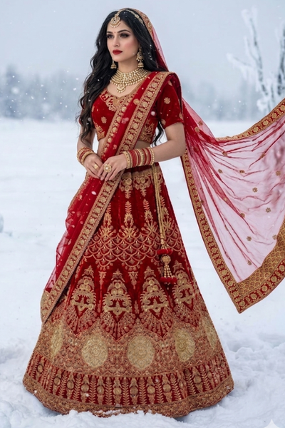 Bride in red velvet bridal lehenga with gold embroidery, standing in snow